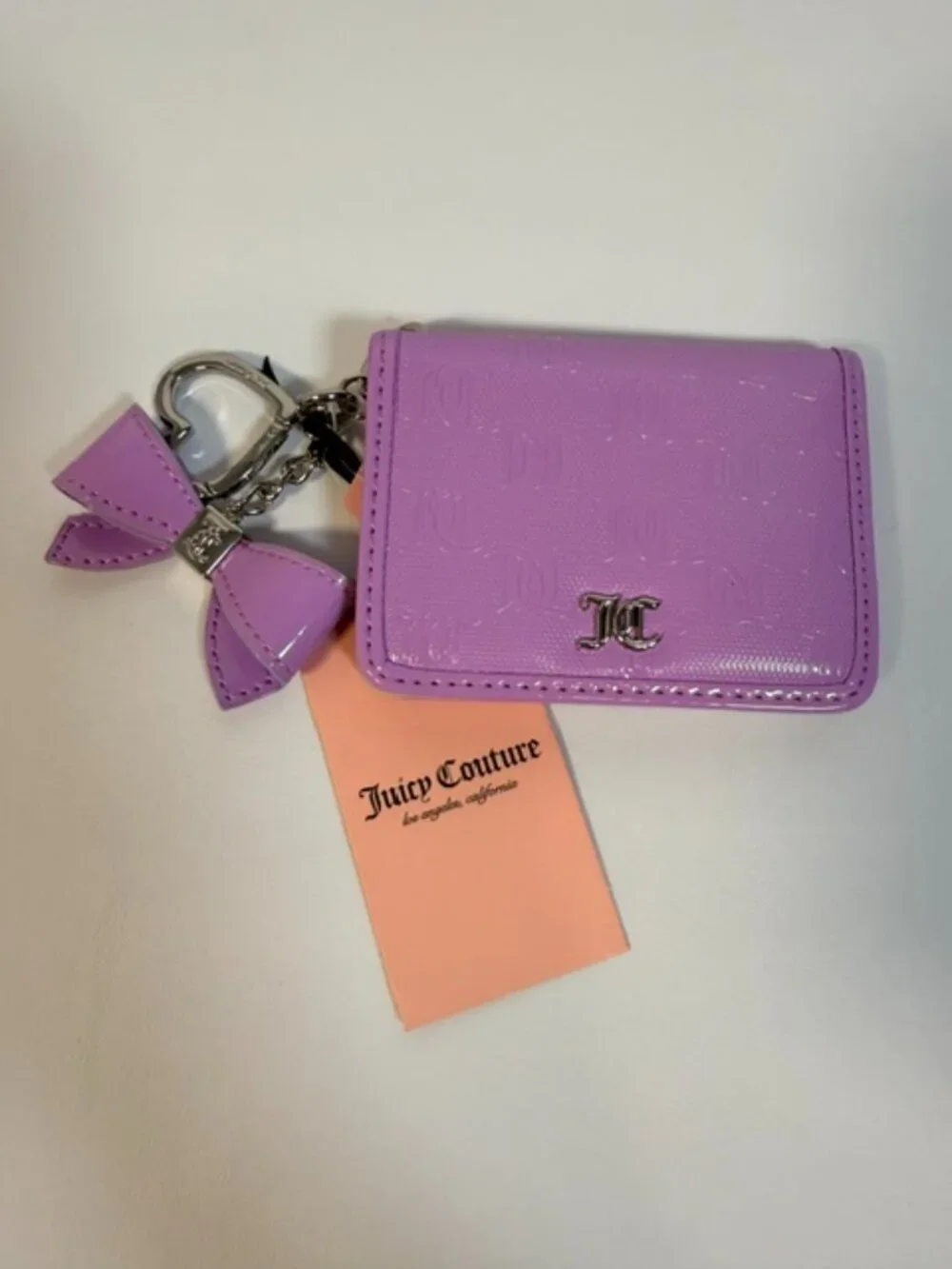 NWT Juicy Couture Purple Lilac Patent Leather Billfold with Heart and Bow Charms